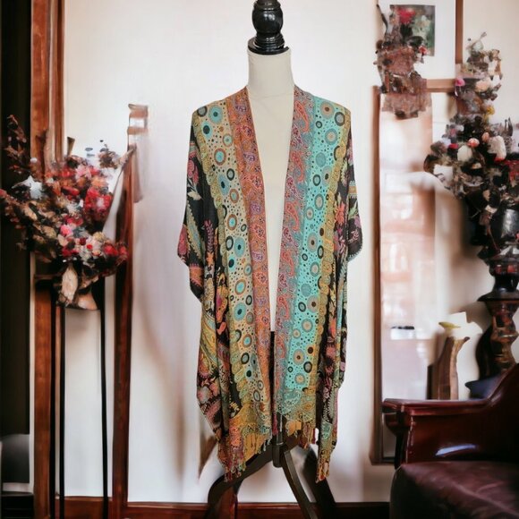 BOK Paisley Brown, Black and Turquoise Shawl Poncho with Fringe Elegant Style - Picture 1 of 4